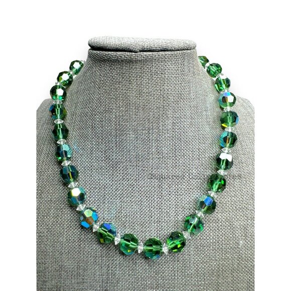 Green Aurora Borealis Crystal Screwback Earring Necklace 12"-15" Hook Clasp Set - Picture 3 of 6